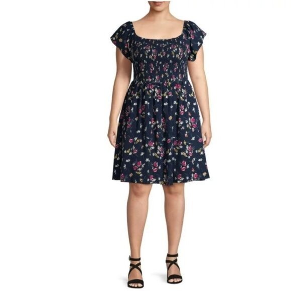Terra & Sky Womens Plus Size 3X Floral Smocked Midi Dress With Ruffle Sleeves - - Picture 1 of 8